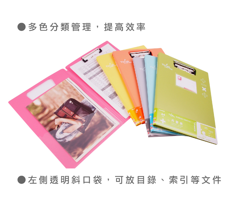 多色分類管理,提高效率左側透明斜口袋,可放目錄、索引等文件