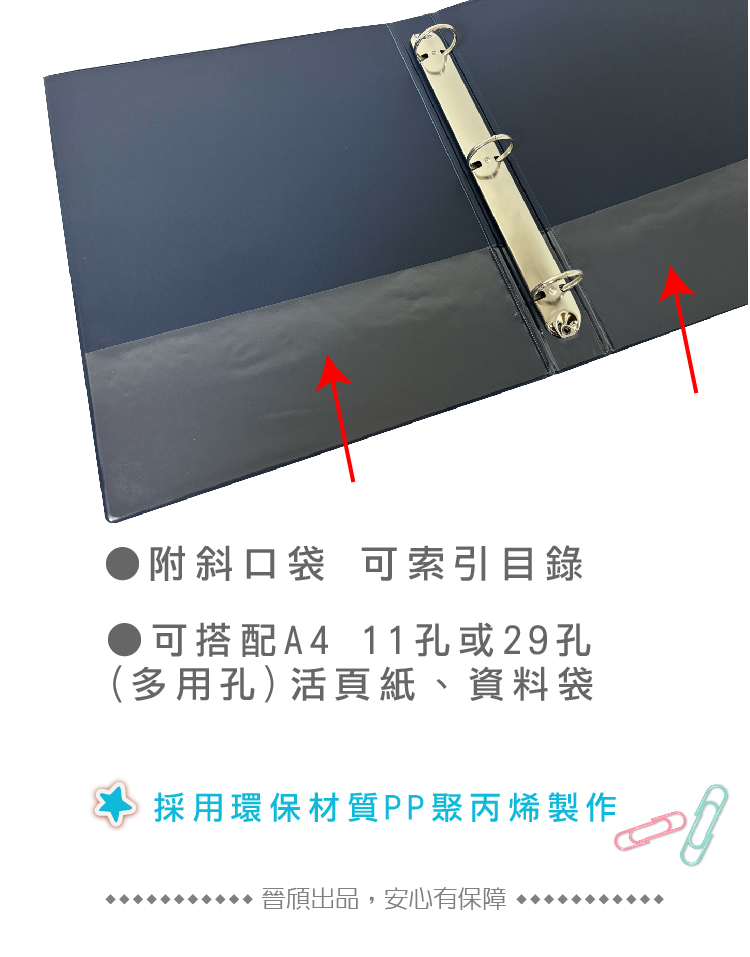 附斜口袋 可索引目錄可搭配A4 11孔或29孔(多用孔)活頁紙、資料袋採用環保材質PP聚丙烯製作晉出品,安心有保障